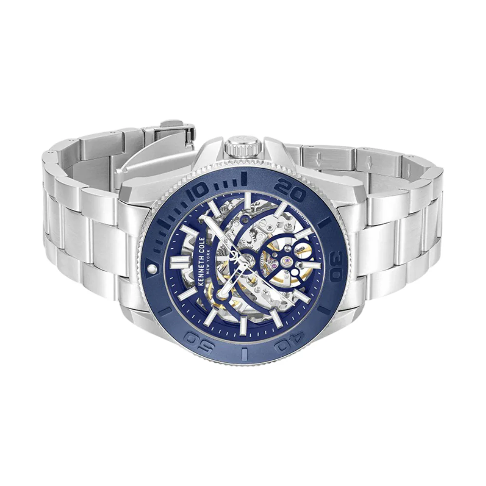 Kenneth Cole New York Skeleton Men's Silver Bracelet Watch - Blue Dial - Image 4