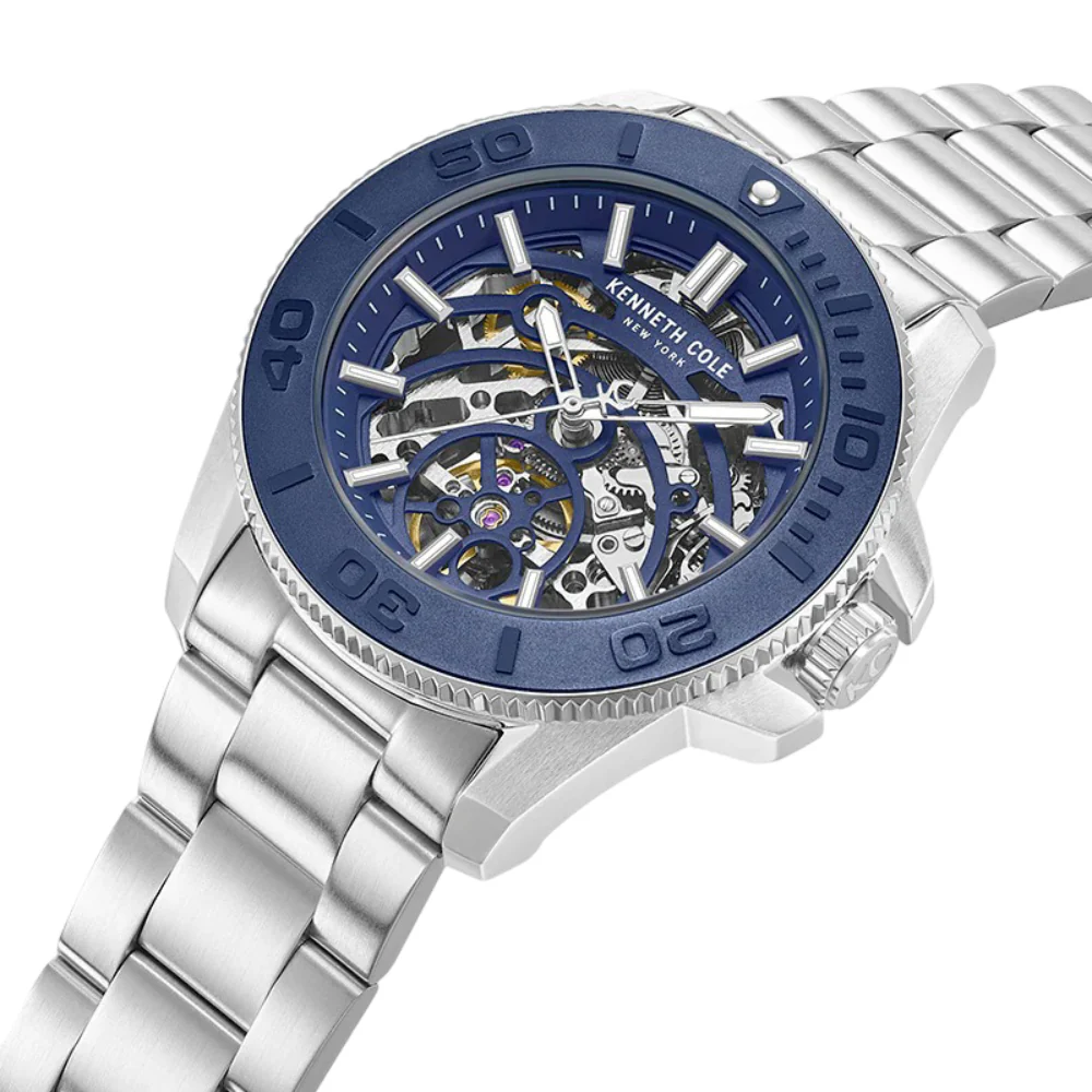 Kenneth Cole New York Skeleton Men's Silver Bracelet Watch - Blue Dial - Image 5