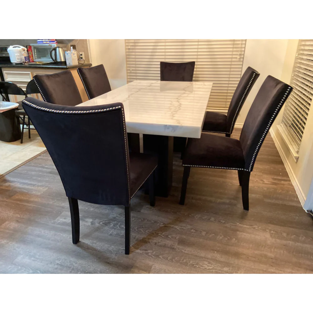7-Piece Dining Set with Genuine Marble Table and Velvet Chairs by Best Home - Black - Image 4