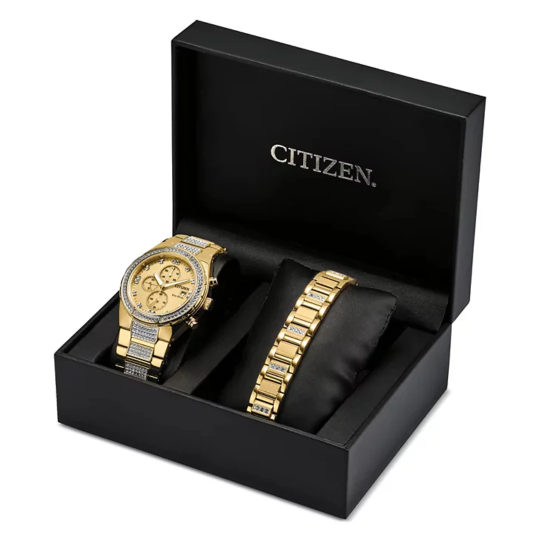 Citizen Eco-Drive Men's Chronograph Crystal Gold-Tone Stainless Steel Bracelet Watch 42mm Gift Set - Image 4