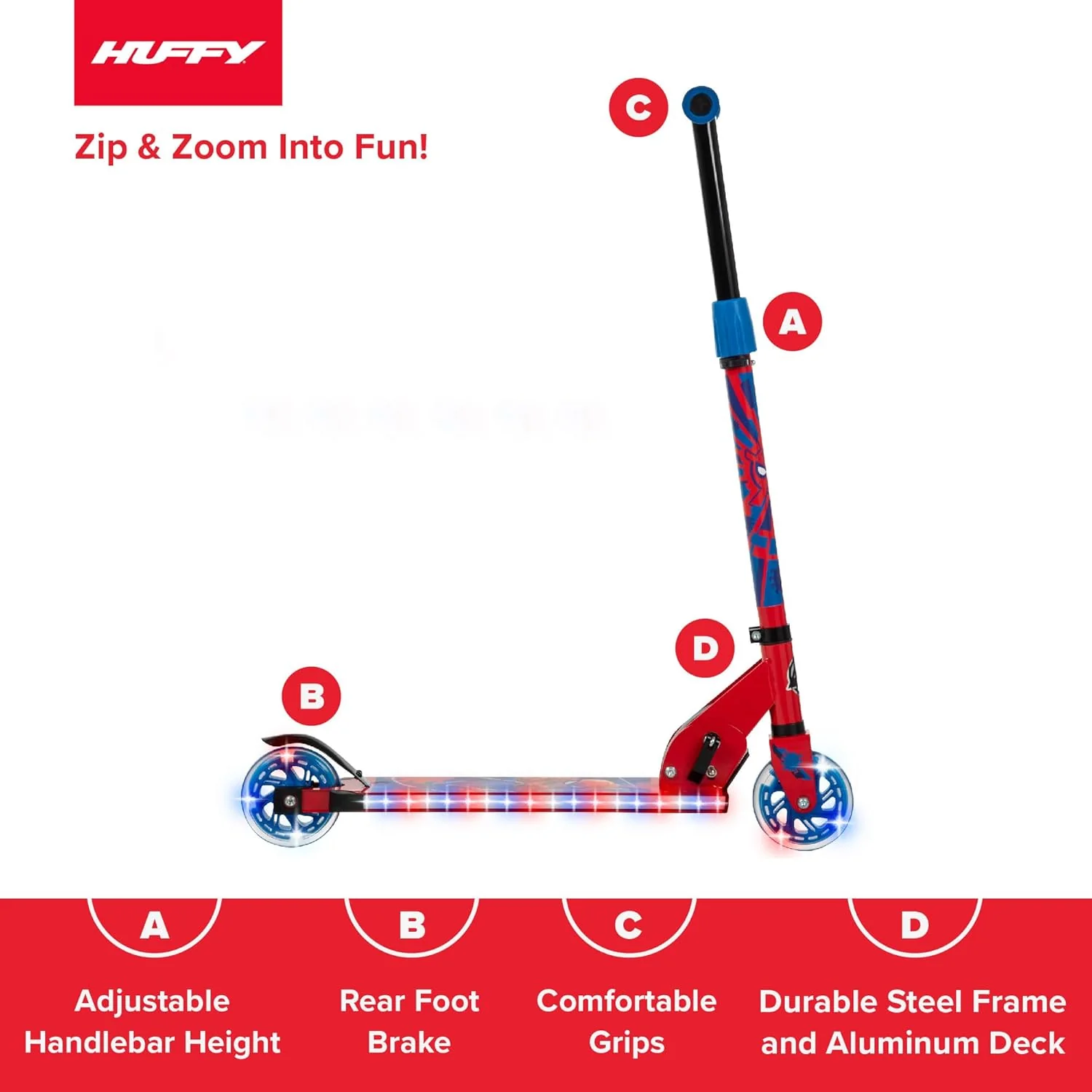 Huffy Marvel Spider-Man Electro Light Inline Scooter with LED Lights - Red - Image 6