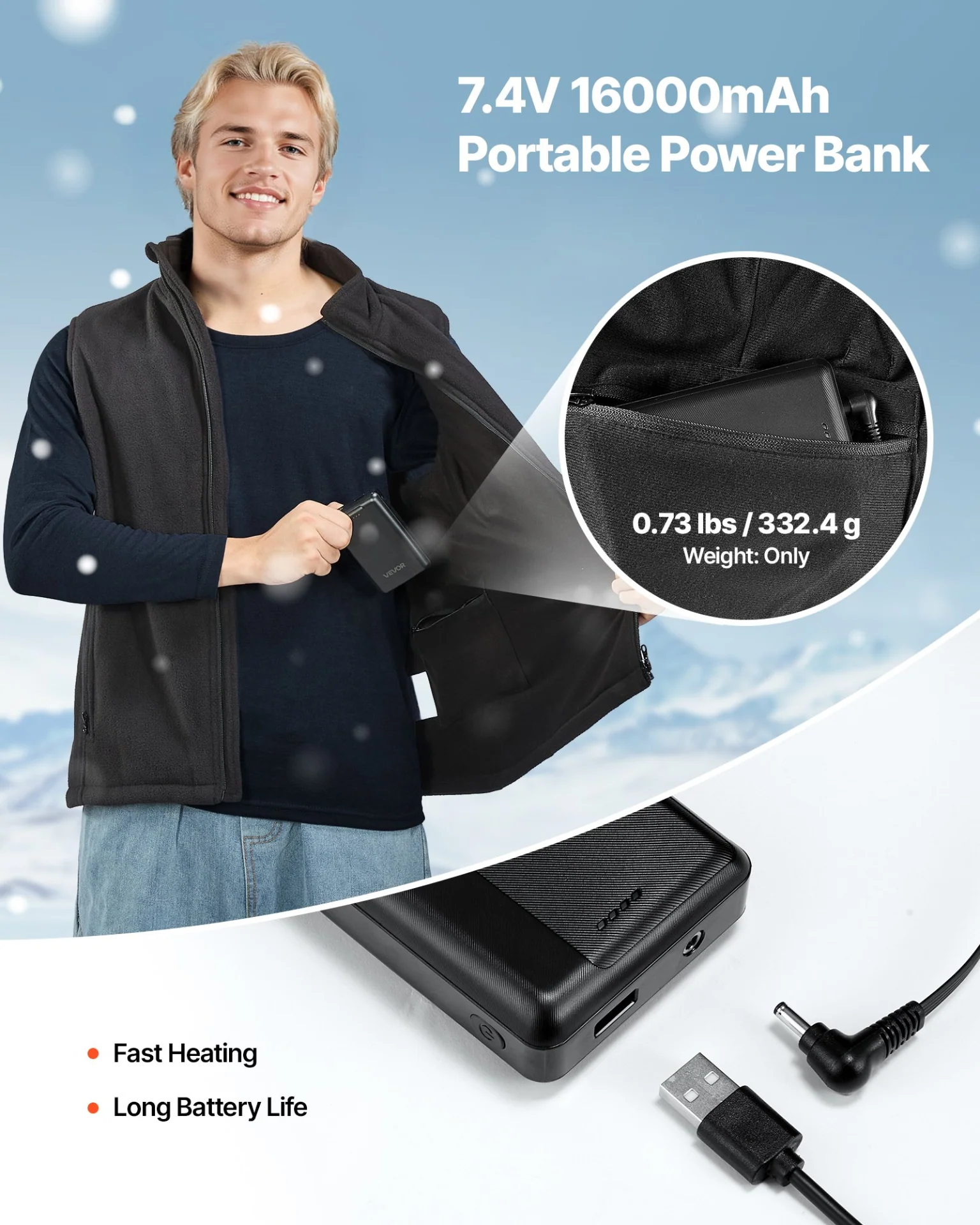 Heated Vest, Men Electric Heating Vest with 16000 mAh Battery Pack, 6 Heating Zones Lightweight Rechargeable Winter-Vest with 3 Levels, for Outdoor Hiking Camping Fishing Skiing, Size XL - Image 3