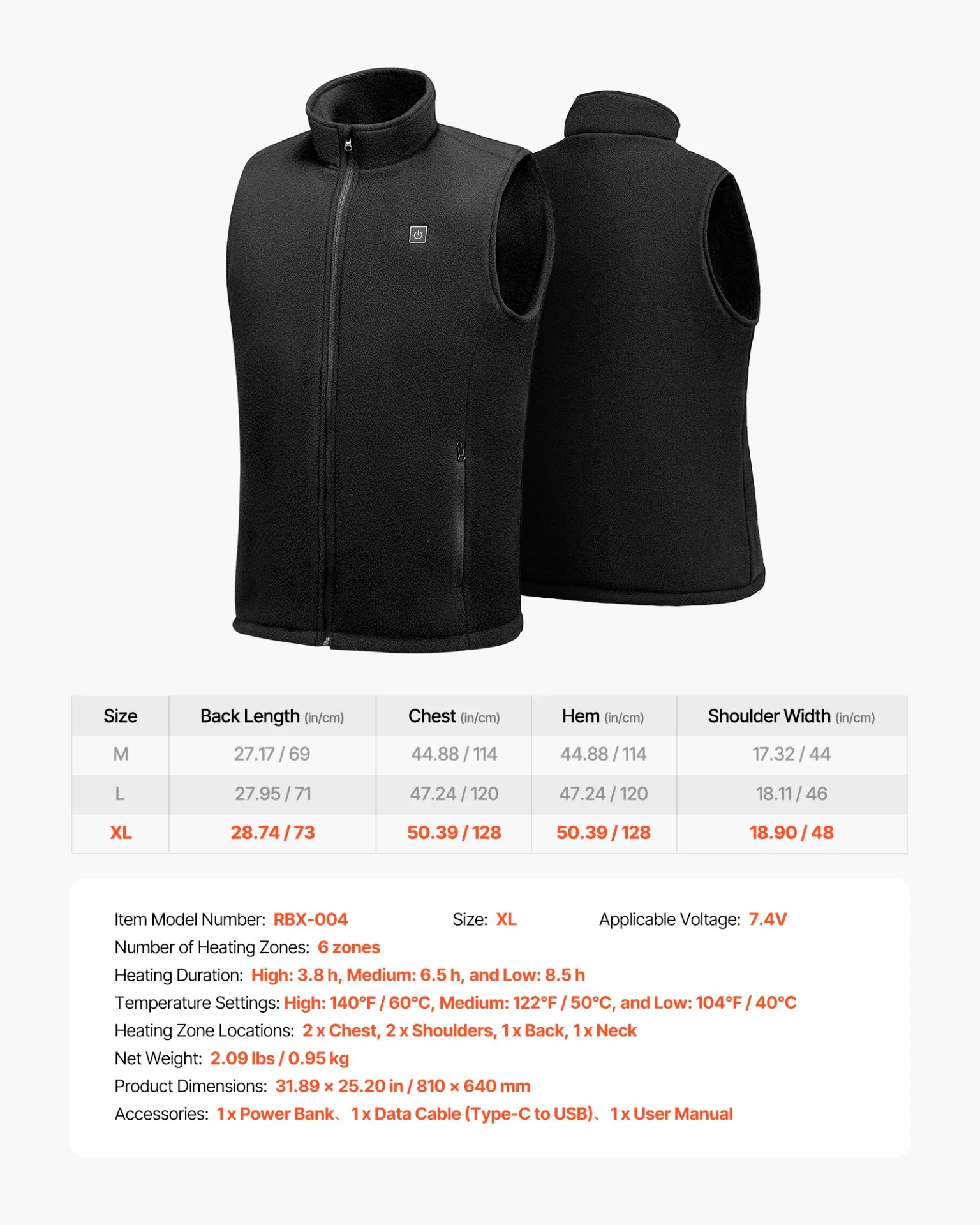 Heated Vest, Men Electric Heating Vest with 16000 mAh Battery Pack, 6 Heating Zones Lightweight Rechargeable Winter-Vest with 3 Levels, for Outdoor Hiking Camping Fishing Skiing, Size XL - Image 6