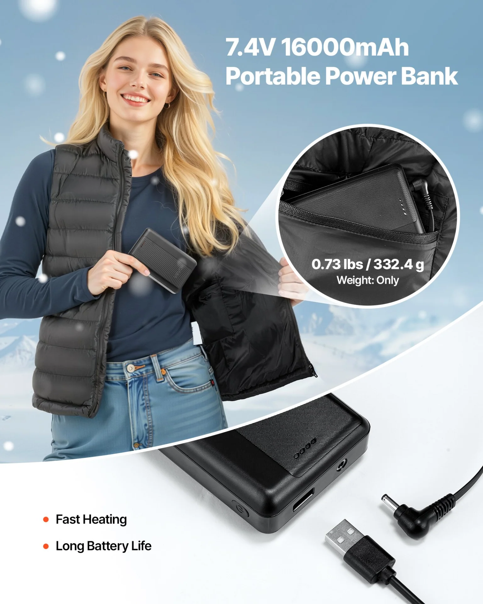 Heated Vest, Women Electric Heating Vest with 16000 mAh Battery Pack, 8 Heating Zones Lightweight Rechargeable Winter-Vest with 3 Levels, for Outdoor Hiking Camping Fishing Skiing, Size L - Image 3
