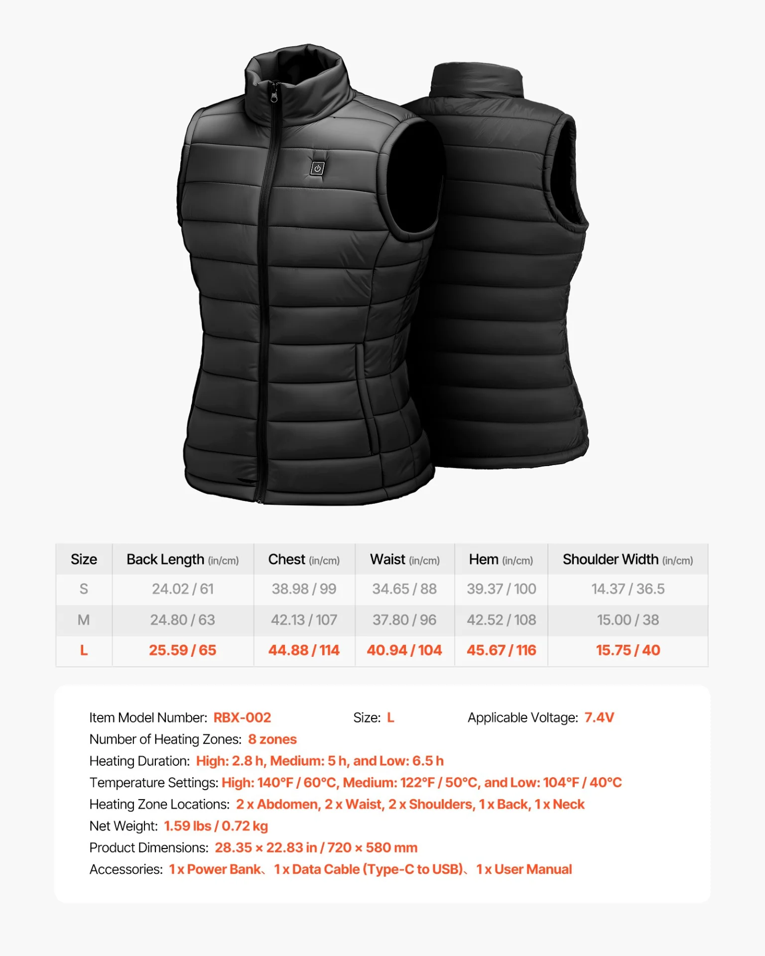 Heated Vest, Women Electric Heating Vest with 16000 mAh Battery Pack, 8 Heating Zones Lightweight Rechargeable Winter-Vest with 3 Levels, for Outdoor Hiking Camping Fishing Skiing, Size L - Image 6
