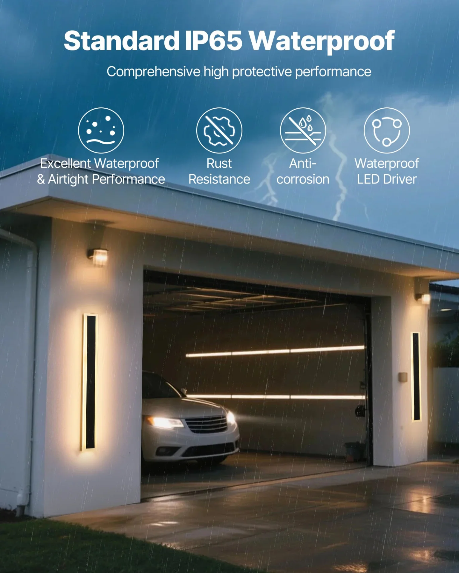 Outdoor Wall Lights, 2 Pack, 31.5 Inch Long Strip Modern Exterior Wall Sconce Light Fixtures, 3000K Warm White, IP65 Waterproof Anti-Rust Outside Wall Mount Lighting, for House, Porch, Garage - Image 3