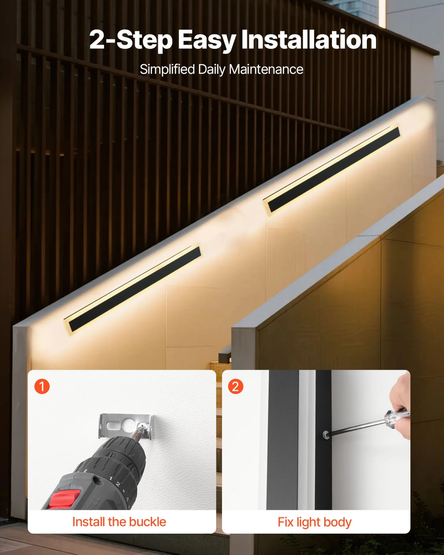 Outdoor Wall Lights, 2 Pack, 31.5 Inch Long Strip Modern Exterior Wall Sconce Light Fixtures, 3000K Warm White, IP65 Waterproof Anti-Rust Outside Wall Mount Lighting, for House, Porch, Garage - Image 4